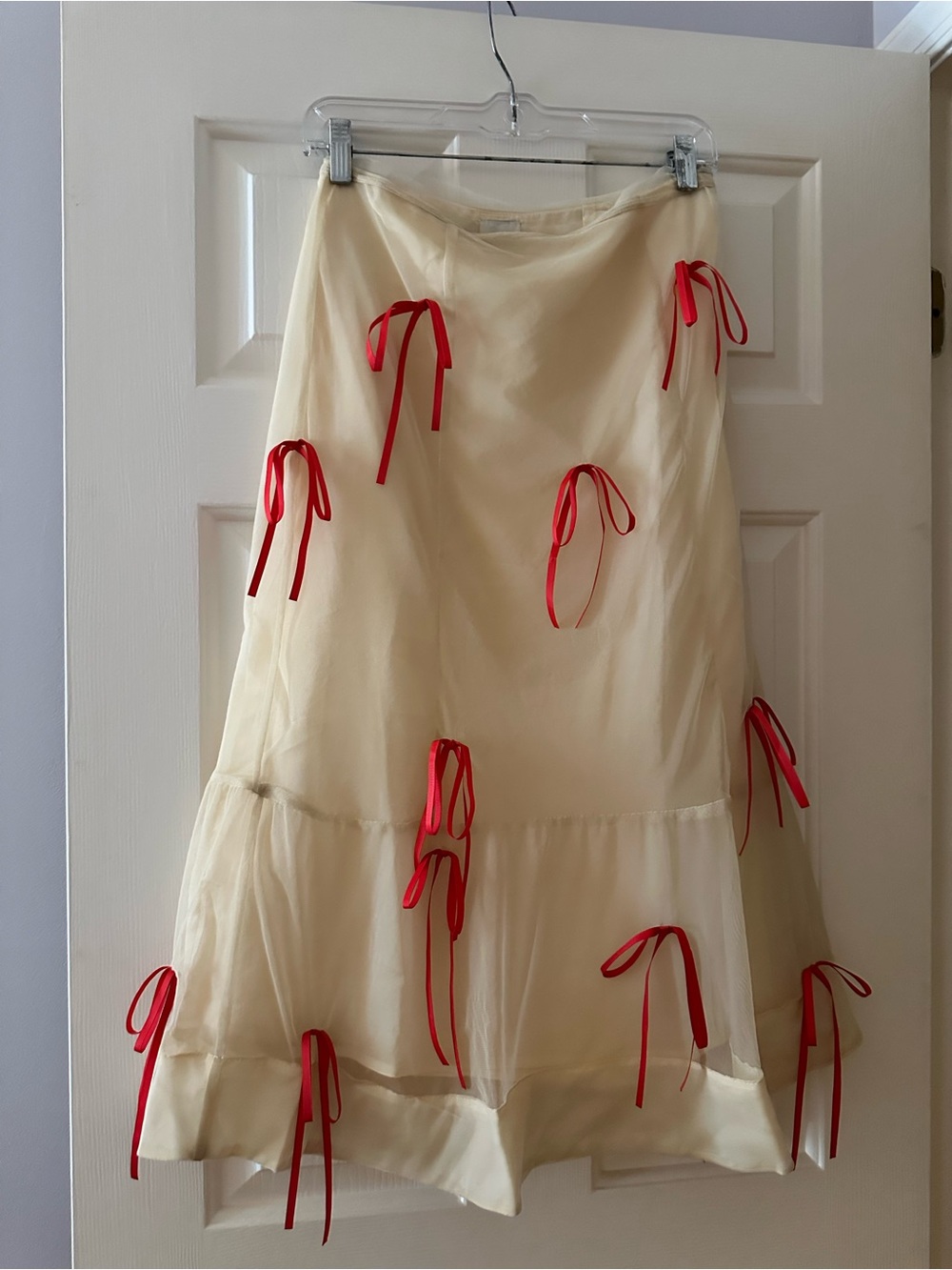 Anthropologie Cream Midi Skirt with Red Ribbon Accents